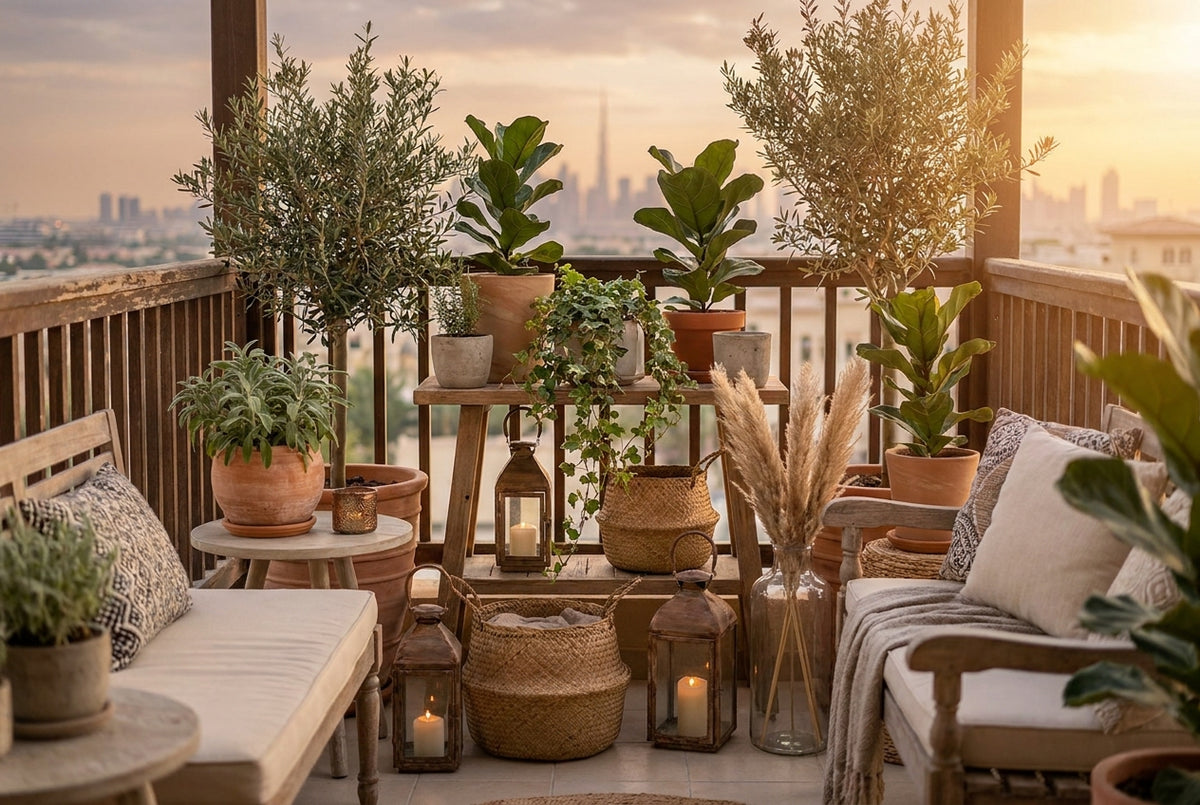 A styled Dubai balcony with ceramic planters, trailing ivy, and rustic lanterns overlooking the city