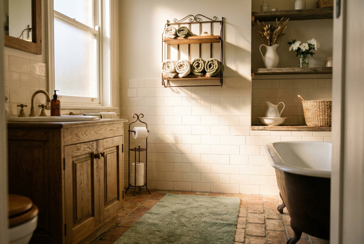 Rustic bathroom scene with vintage iron accessories, weathered oak shelving, and warm lighting