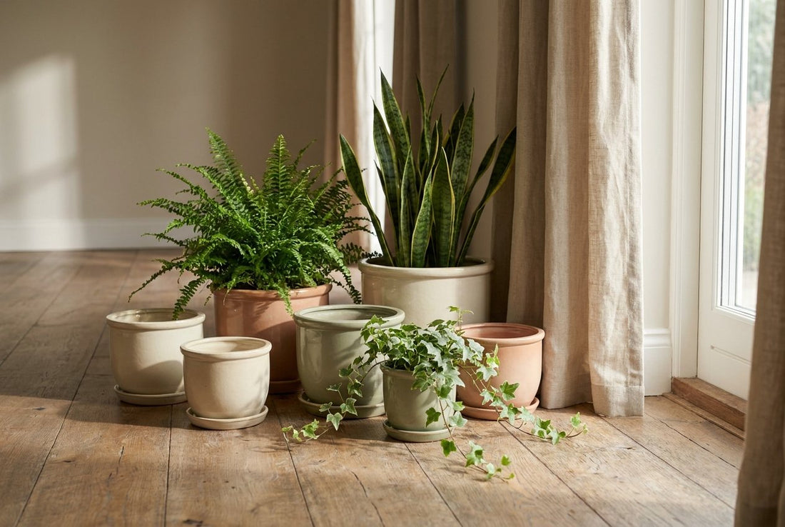 Glazed ceramic plant pots in cream, sage and terracotta holding indoor plants