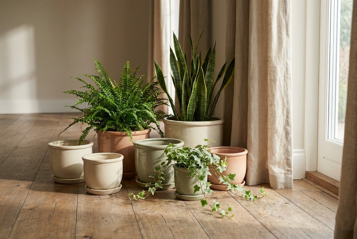Glazed ceramic plant pots in cream, sage and terracotta holding indoor plants