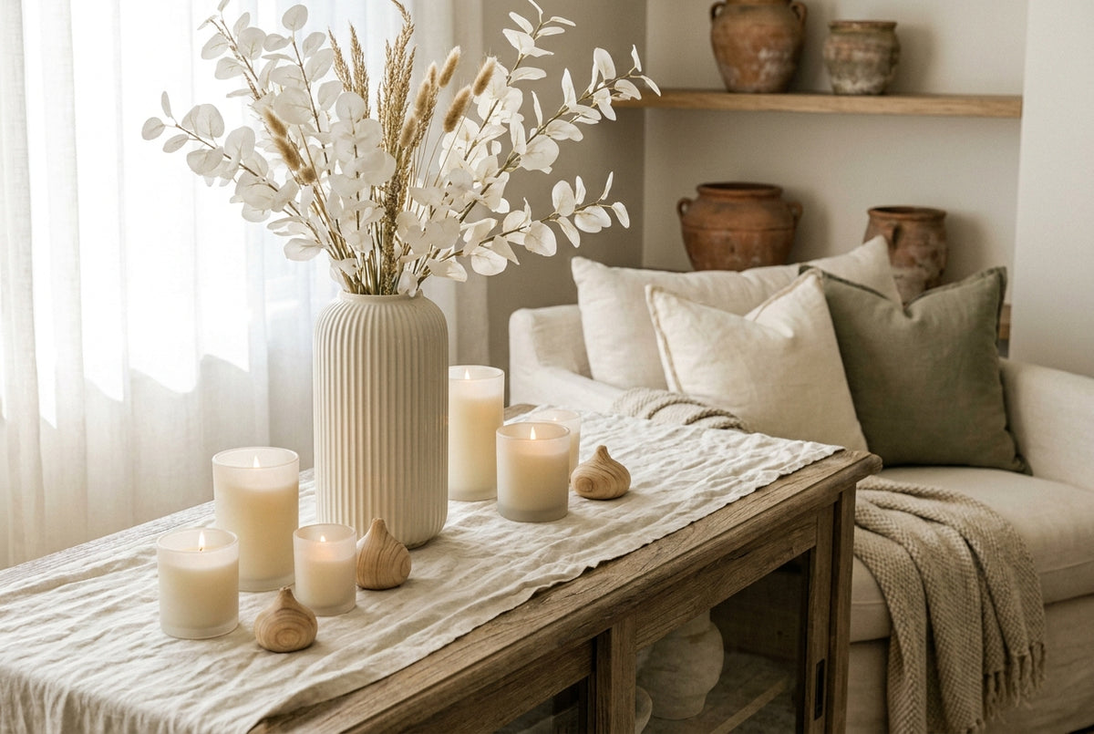 Elegant Christmas decorations arranged on a warm cream console in a Dubai home