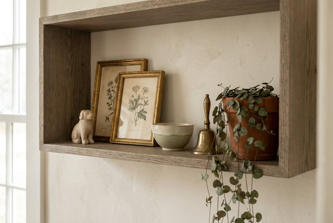A styled shelf of small decorative pieces, framed prints and a trailing plant