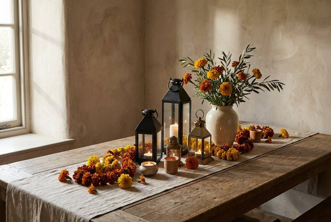 Lanterns, tealights and marigolds set on a linen runner for Diwali