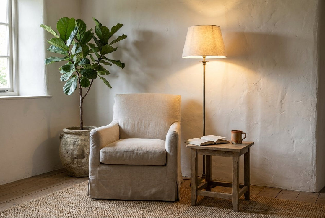 A linen-shaded floor lamp lighting a reading corner with armchair and plant