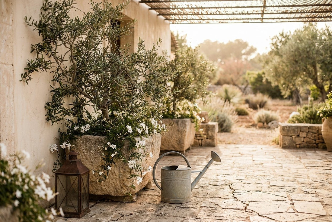 Weathered stone planters, a watering can and a lantern on a shaded villa terrace