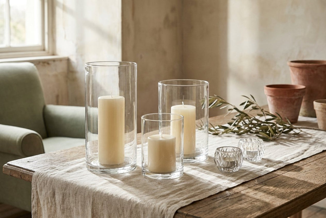Clear glass hurricane candle holders with cream pillar candles on a linen runner