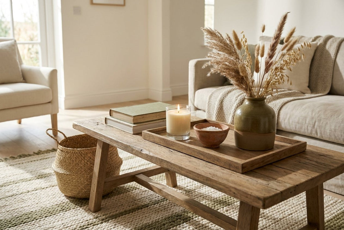 A coffee table styled with a tray, candle, ceramics and dried grasses