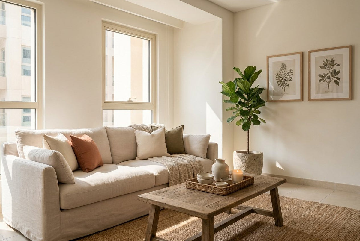 A warm neutral Dubai living room with linen sofa and styled coffee table