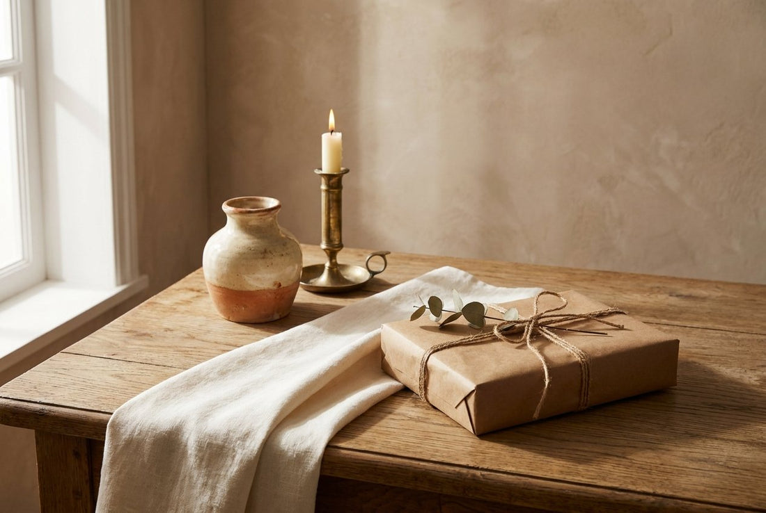 A ceramic vase, brass candle holder and linen runner beside a twine-tied parcel