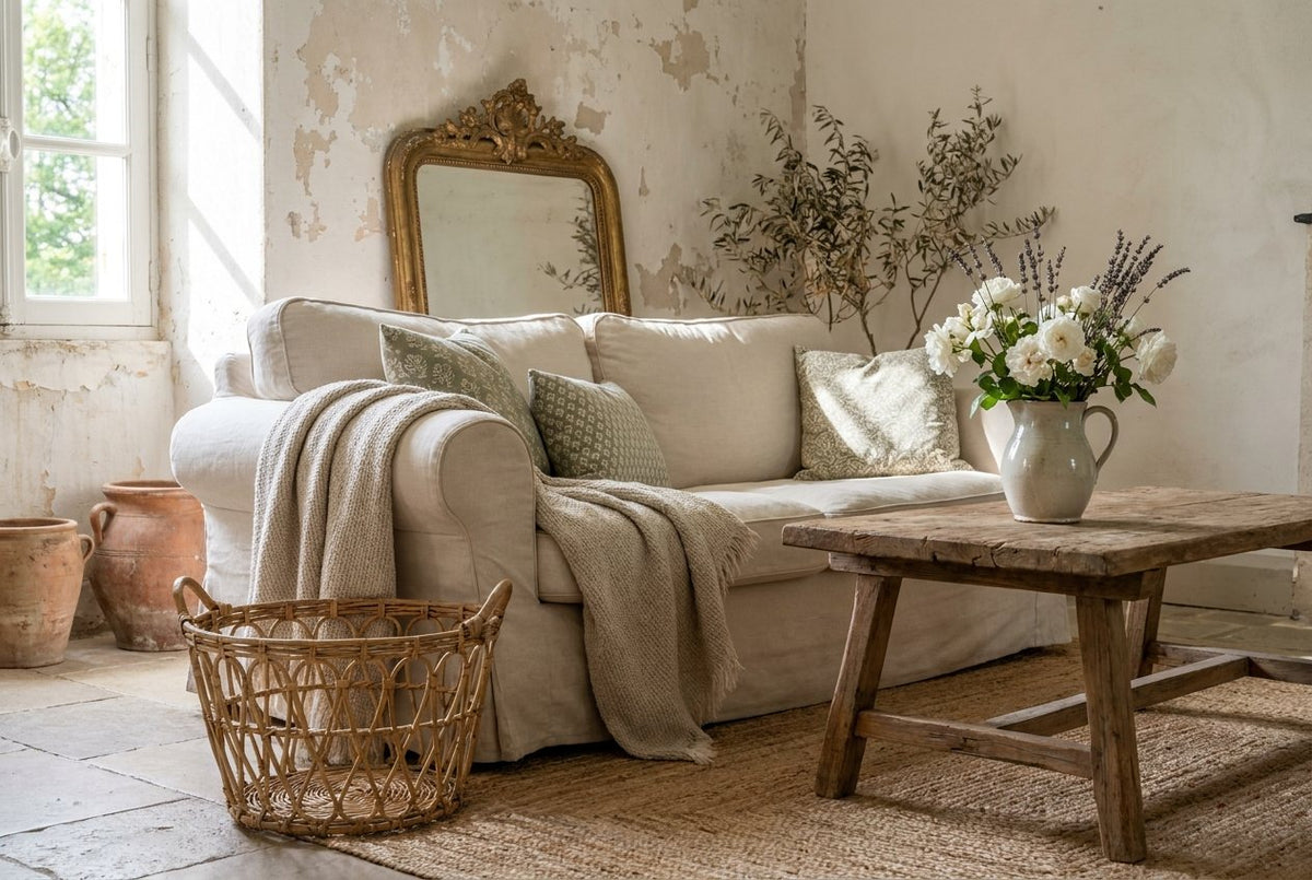 A French country living corner with linen sofa, rustic table and white roses