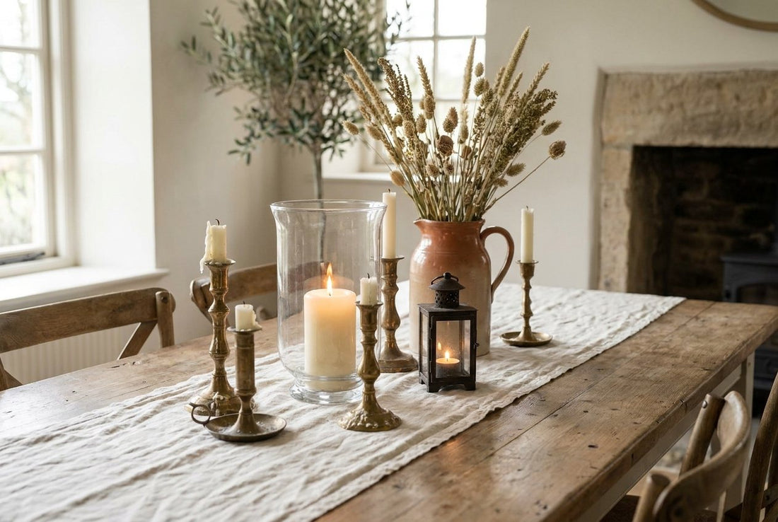 Brass, glass and iron candle holders grouped on a linen table runner