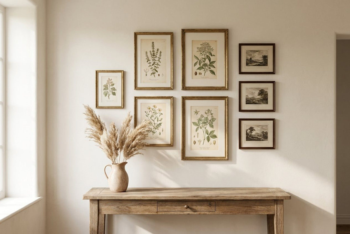 A gallery wall of framed botanical prints above an oak console