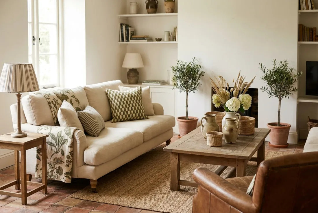 A styled living room with coordinating patterned pillows, curtains, and rugs arranged in cream, sage, and terracotta tones