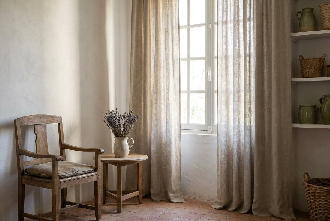 Oatmeal linen curtains at a tall window in a French country room