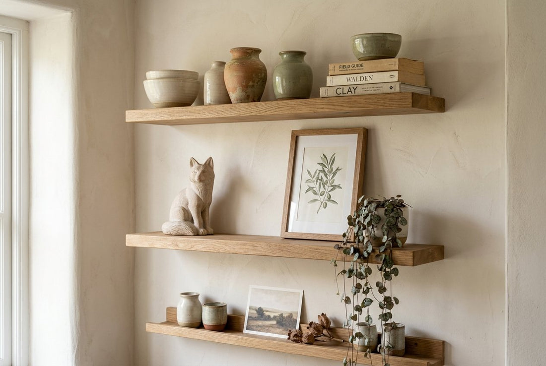 Open wooden wall shelves styled with ceramics, prints and a trailing plant