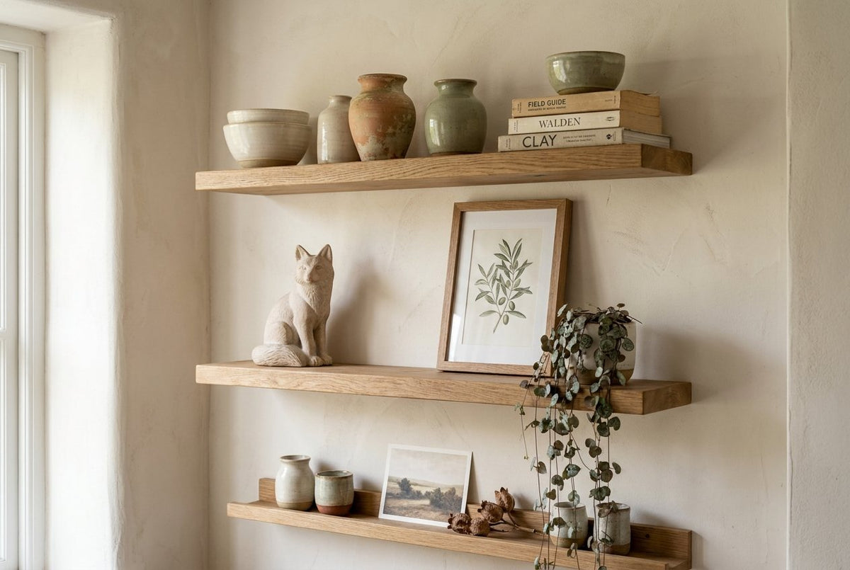 Open wooden wall shelves styled with ceramics, prints and a trailing plant