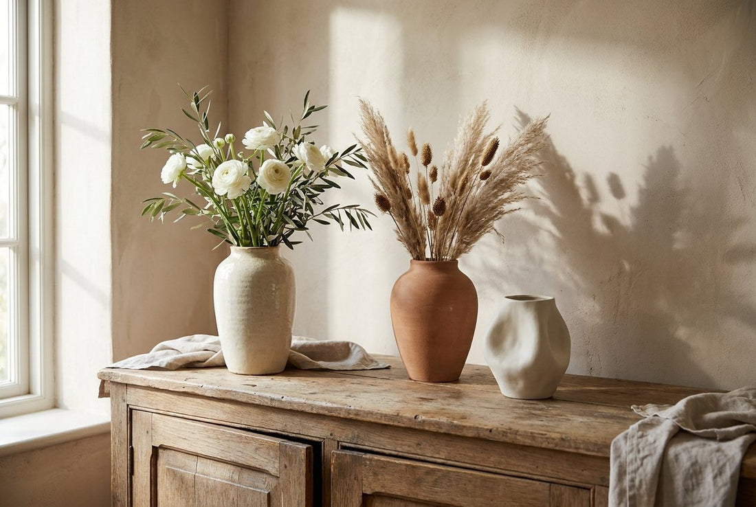 Three ceramic vases at different heights styled on an oak sideboard in morning light