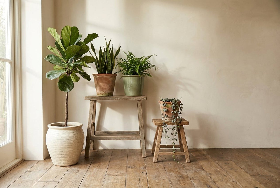 Indoor plants in varied pots arranged at three heights on a plant stand and floor
