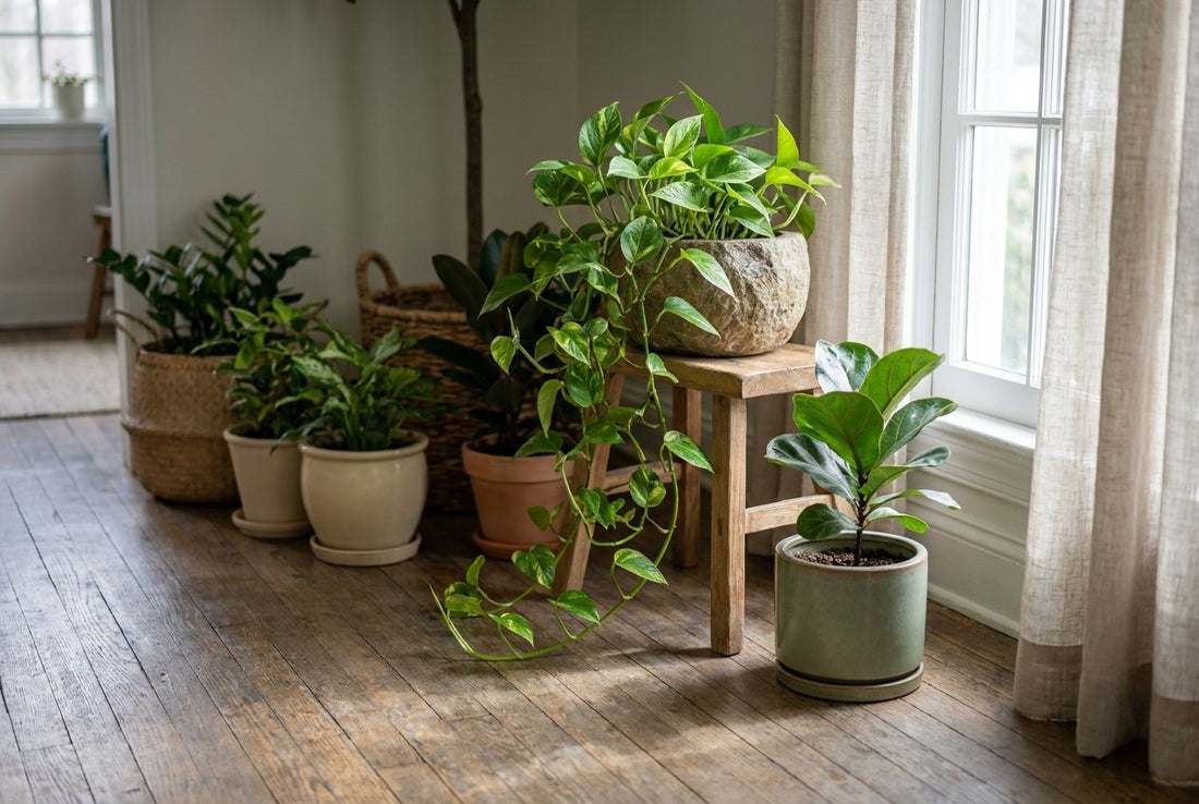 Indoor plants in stone and ceramic pots beside a bright window