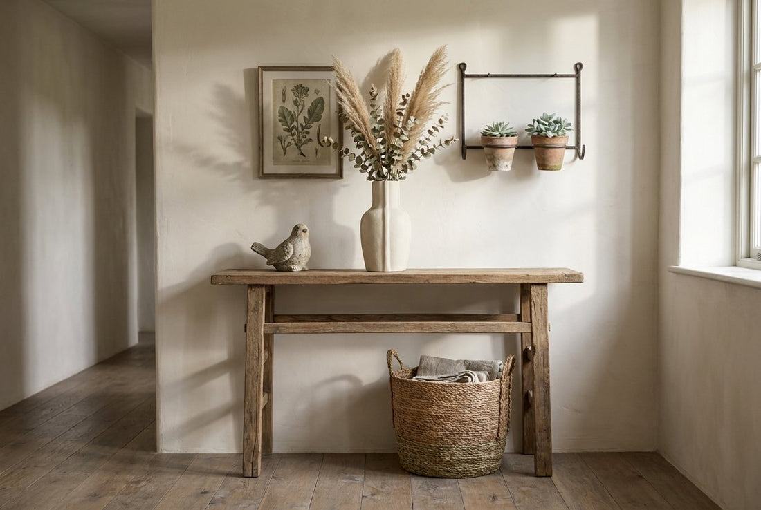An entryway console styled with a vase, wall rack, basket and framed print