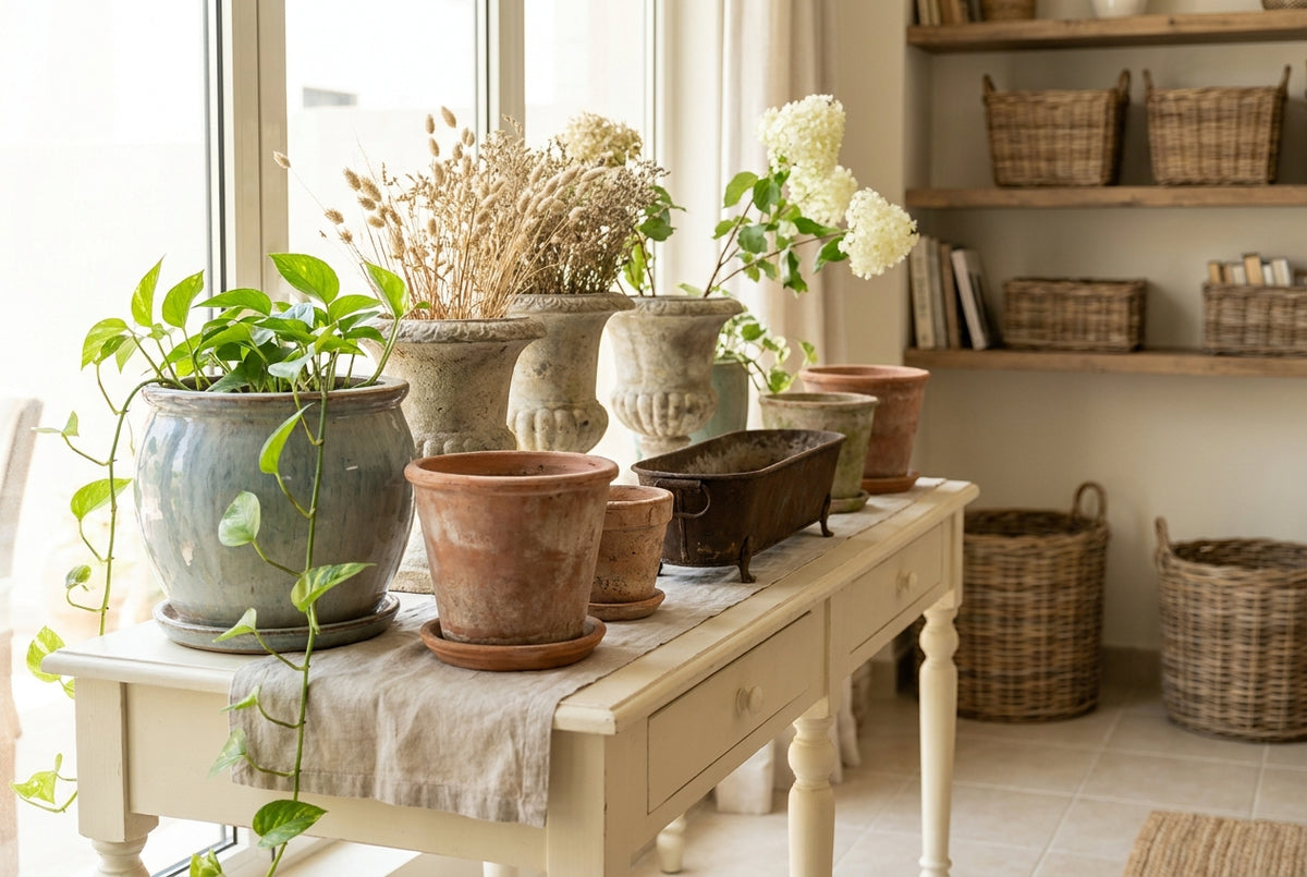 Collection of ceramic, terracotta, stone and iron plant pots arranged on a cream-painted console in warm Dubai sunlight