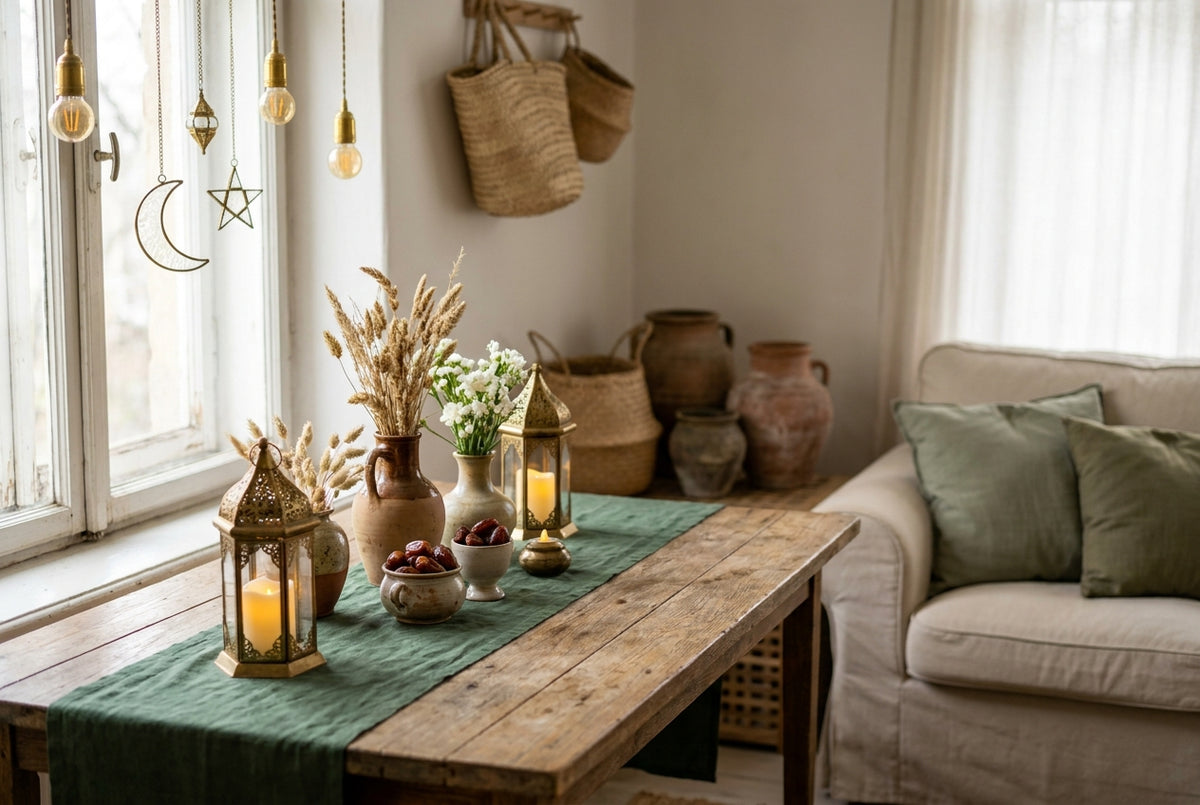 Ramadan home decor scene with ornate brass lanterns, warm candlelight, golden decorative lights, and traditional ceramic vessels