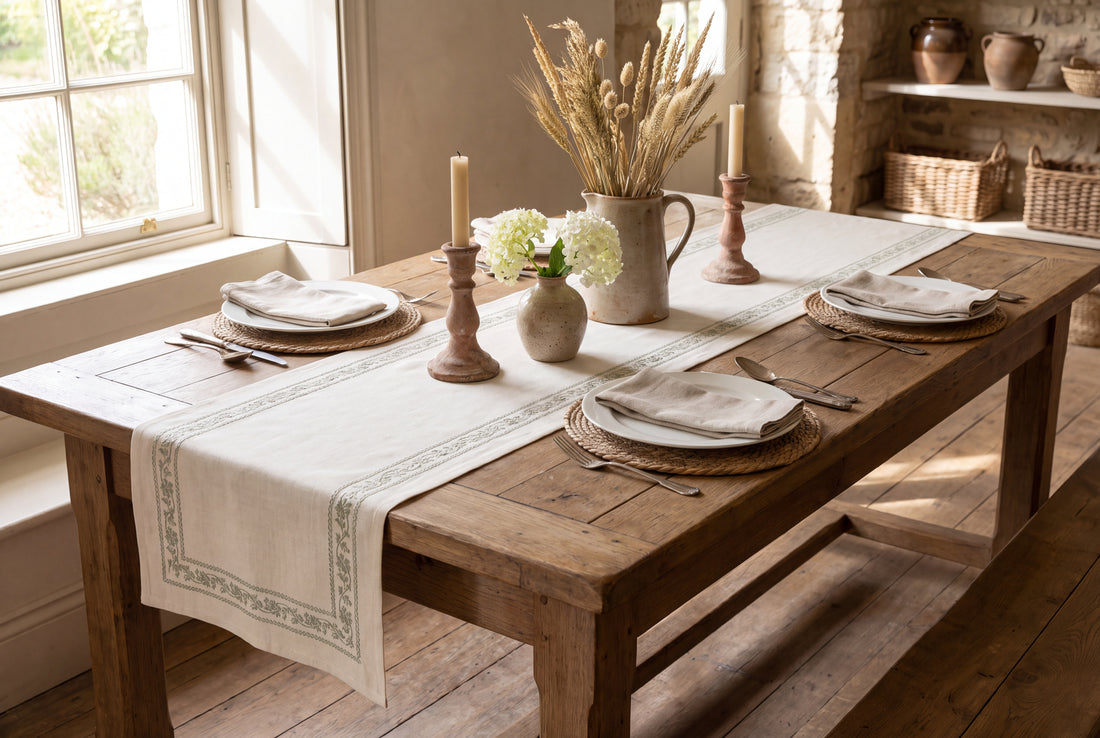 Cream and sage dining table dressed with an embroidered linen table runner and white dinnerware