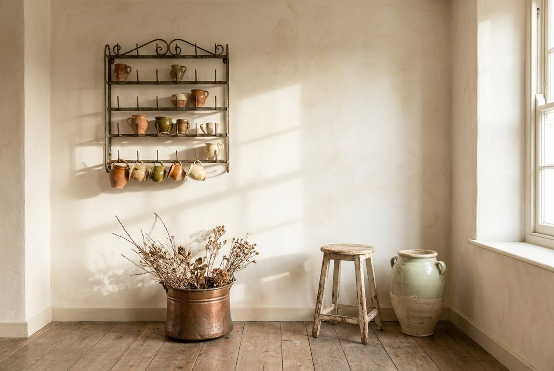 An iron wall rack, copper bucket and distressed ceramics in a warm room corner