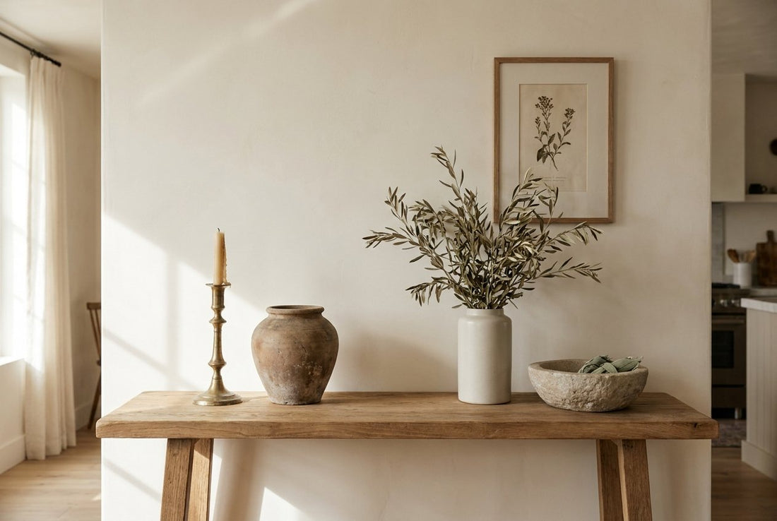 A console styling aged brass and ceramic beside clean modern pieces