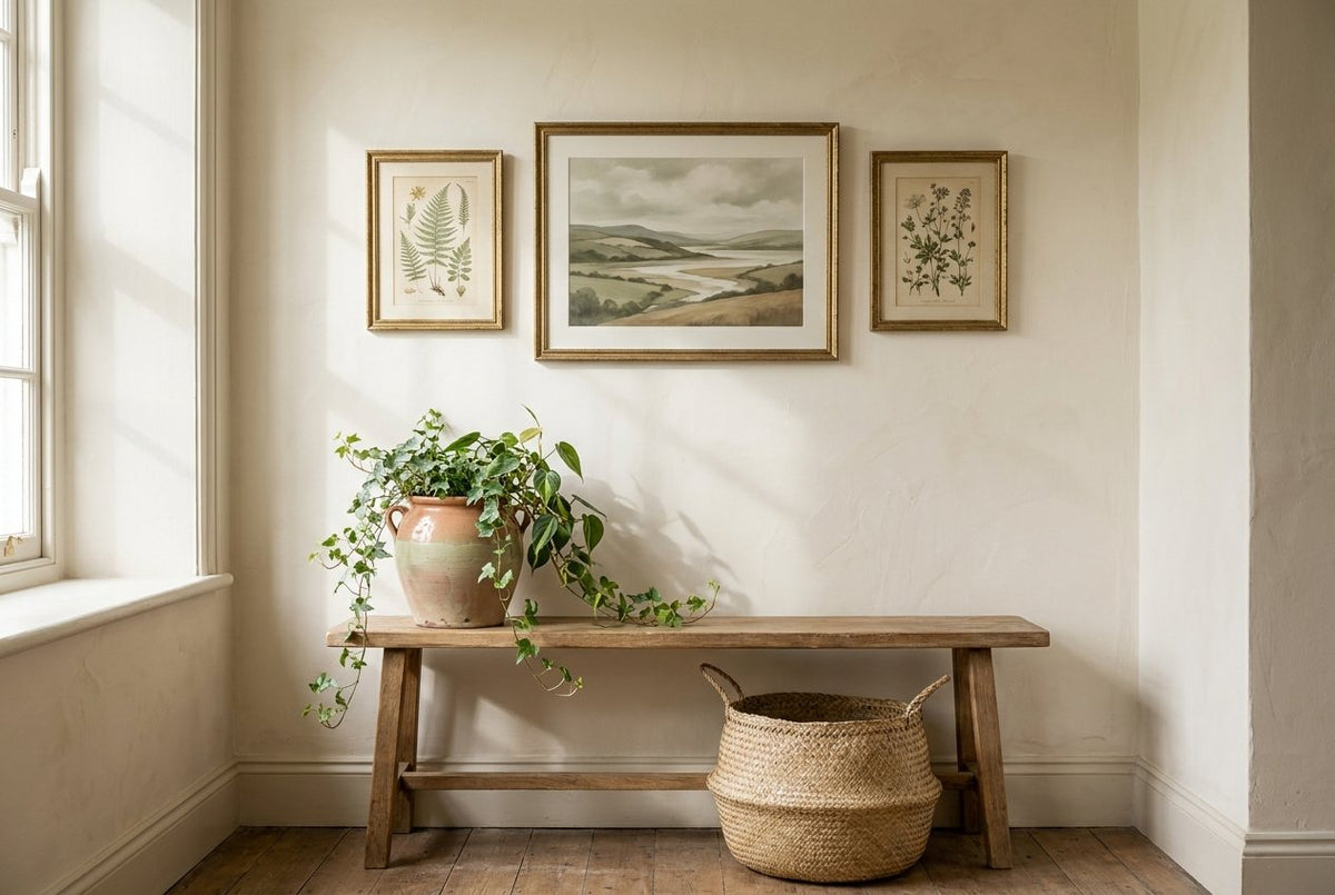 Framed landscape and botanical prints above a wooden bench with a potted plant