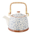 Blue Floral Ceramic Teapot with Rattan Handle