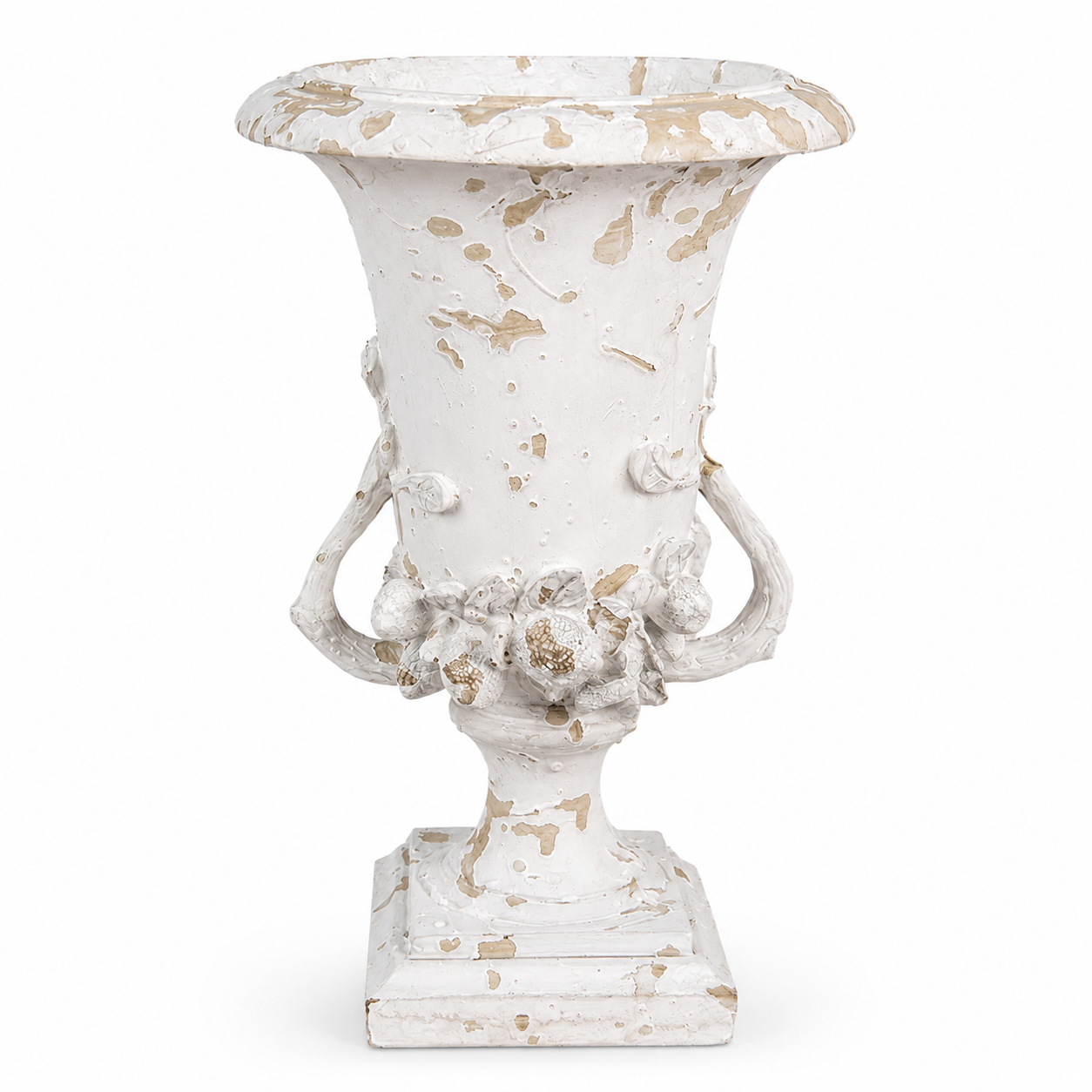 French Cottage Heritage Acorn Urn Vase in distressed white and antique beige polyresin