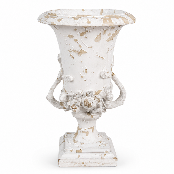 French Cottage Heritage Acorn Urn Vase in distressed white and antique beige polyresin