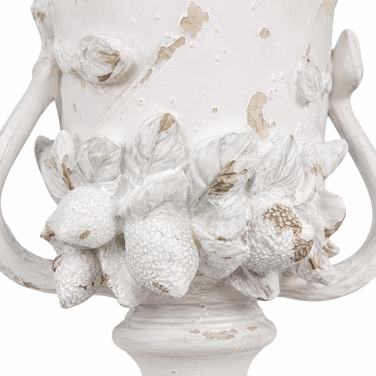 Side view of French Cottage acorn urn vase showing sculpted leaf detailing