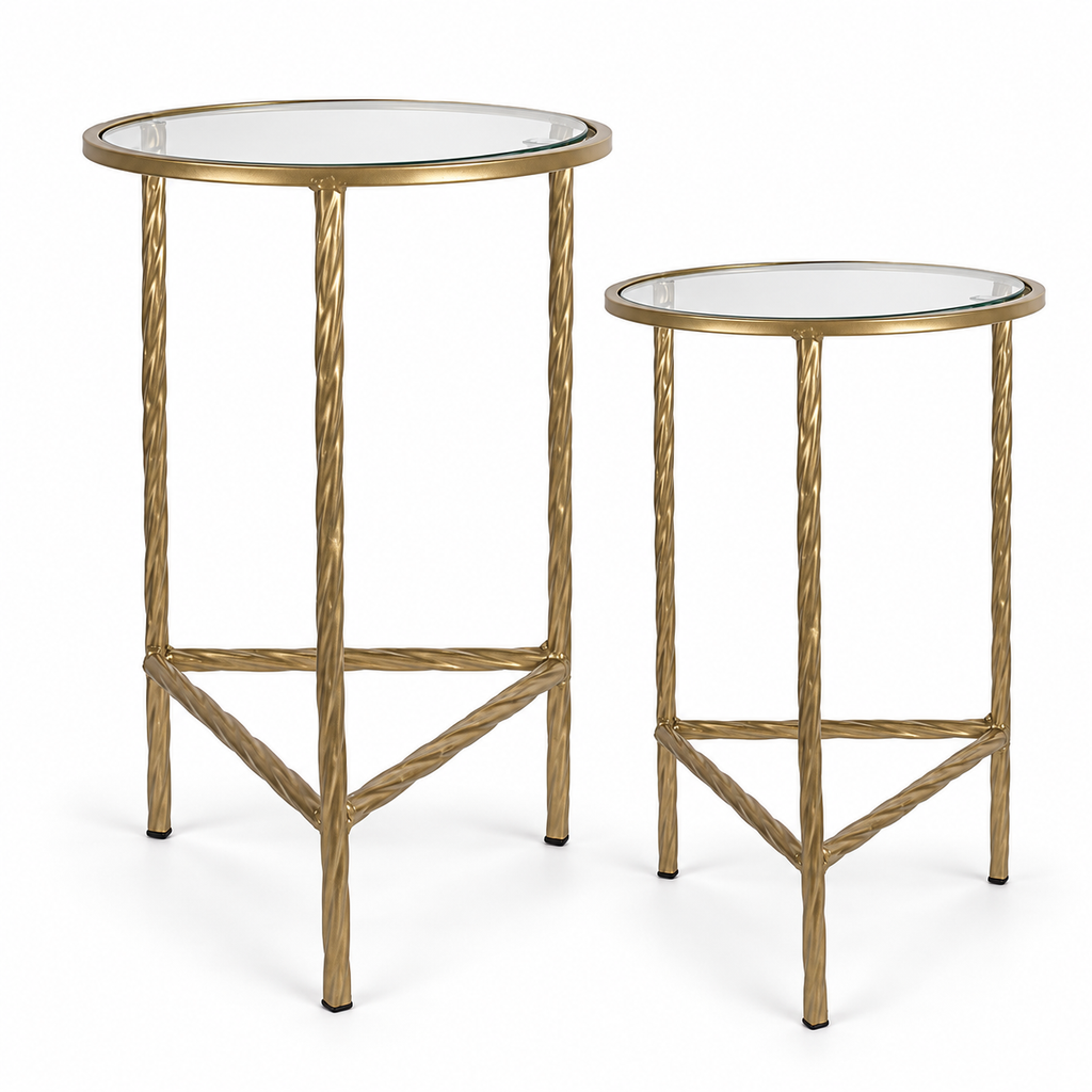 Classic Gold Twisted Iron & Glass Side Tables – Set of 2