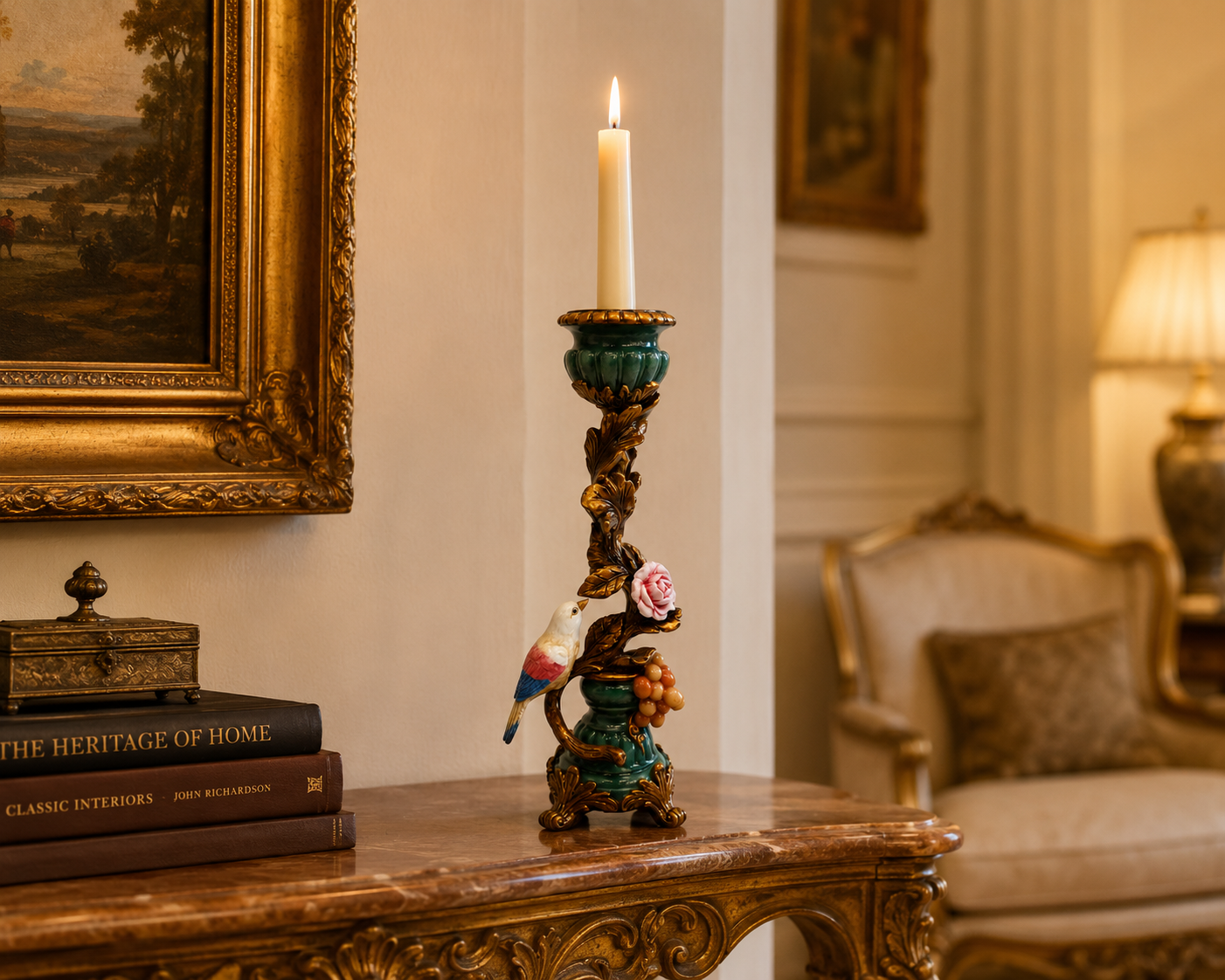 Classic Heritage Bird and Rose candle holder in gold with botanical detailing