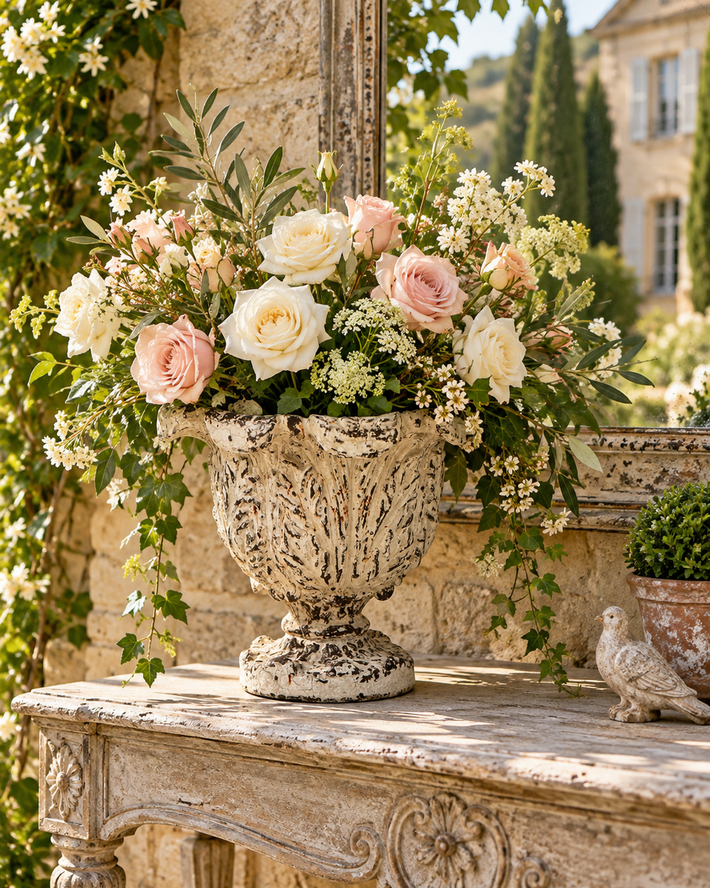 Château acanthus urn planter in distressed ivory – alternative view