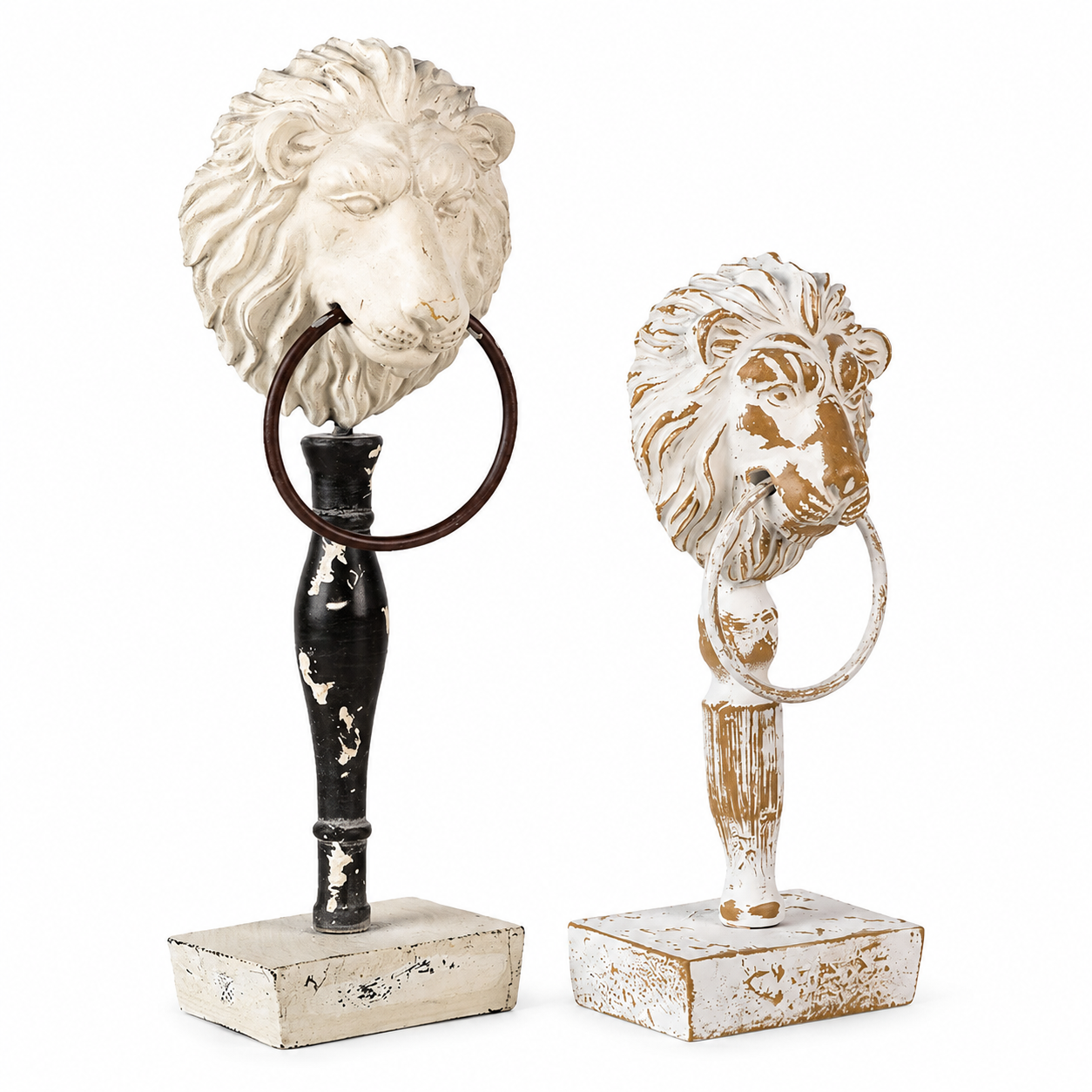 Vintage Farmhouse Distressed Lion Figurines – Set of 2