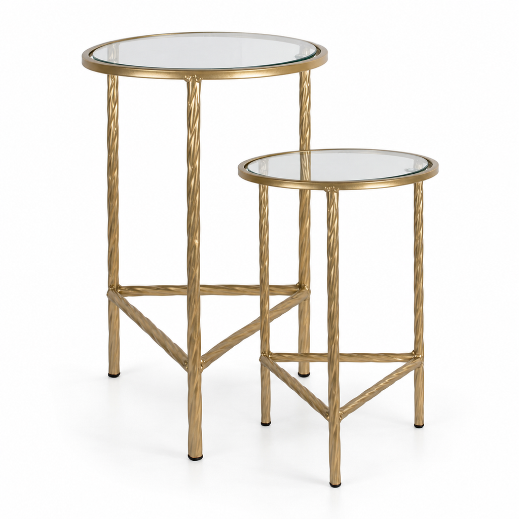 Classic Gold Twisted Iron & Glass Side Tables – Set of 2