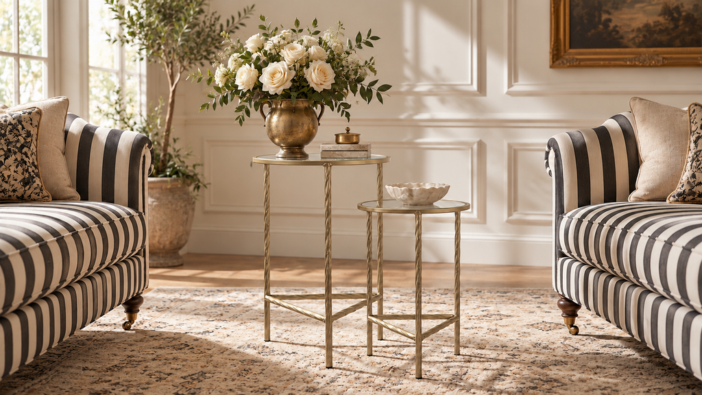 Classic Gold Twisted Iron & Glass Side Tables – Set of 2