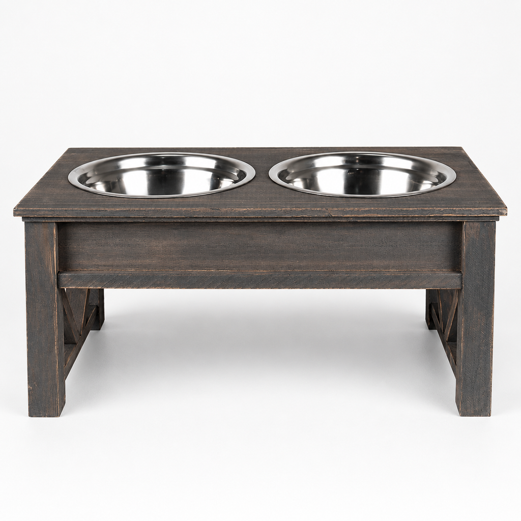 French Country Grey Wooden Double Pet Bowl Stand