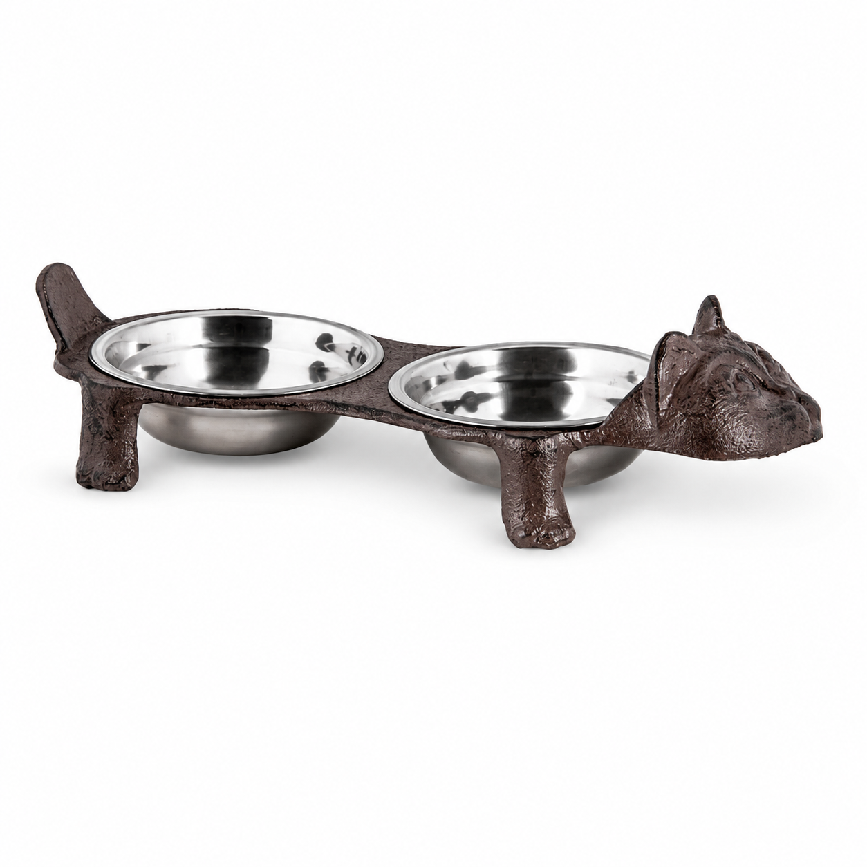 Vintage Brown Iron Cat-Shaped Double Pet Bowl