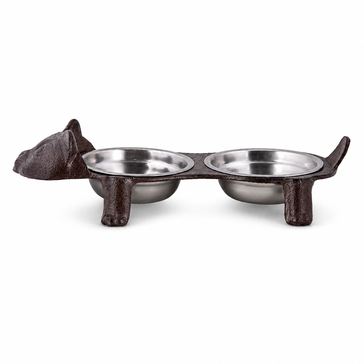 Vintage Brown Iron Cat-Shaped Double Pet Bowl