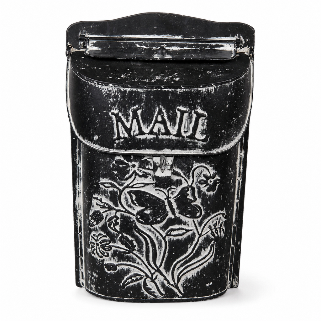 Floral Wall-Mounted Mailbox, Black & White Metal