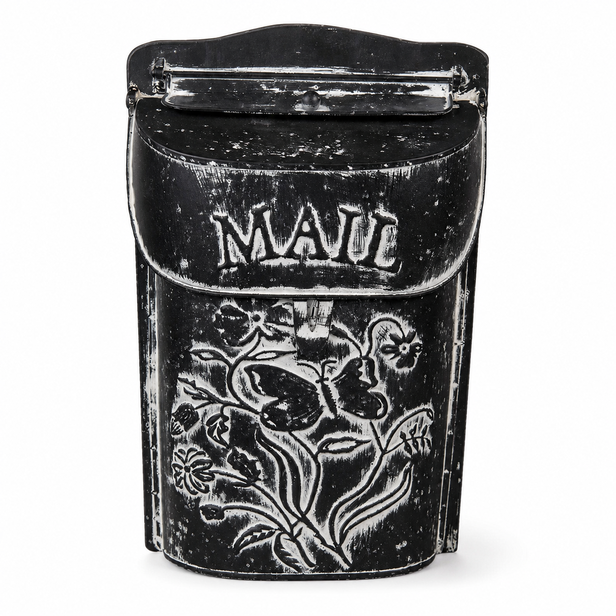 Floral Wall-Mounted Mailbox, Black & White Metal