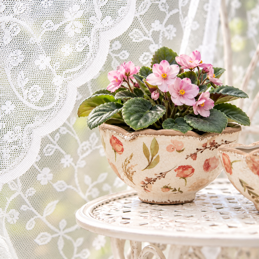 French Botanical Scalloped Floral Ceramic Planter – alternative view