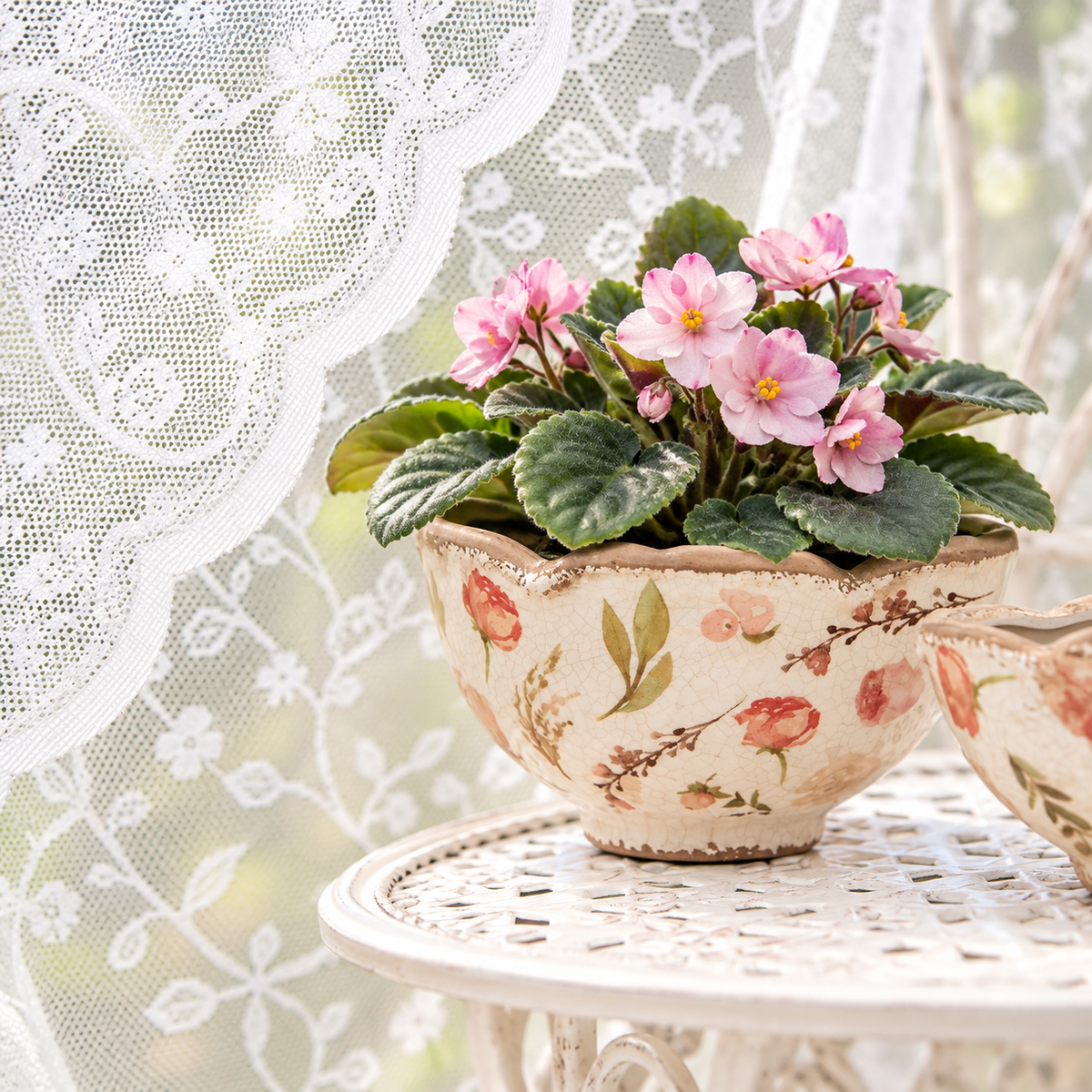 French Botanical Scalloped Floral Ceramic Planter – alternative view
