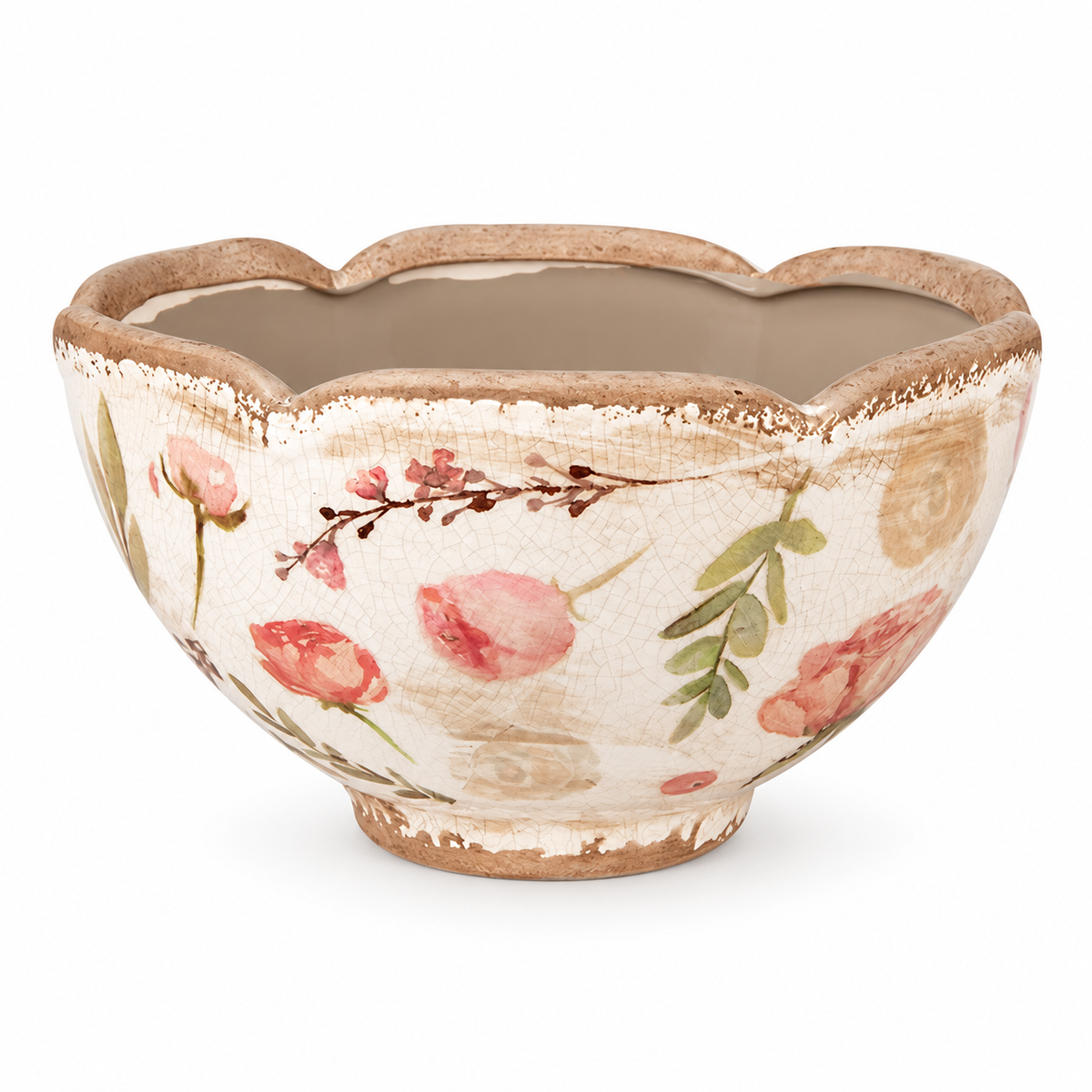 French Botanical Scalloped Floral Ceramic Planter