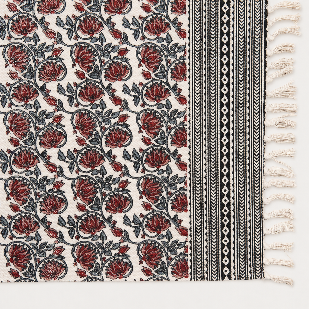 Vintage Botanical Rose Cotton Rug with Tassels