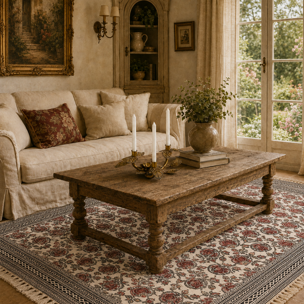 Vintage Botanical Rose Cotton Rug with Tassels